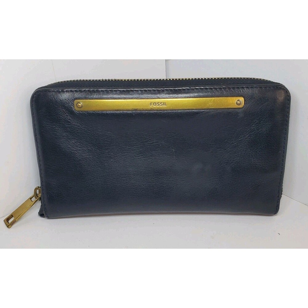 Vintage Fossil Black Leather Zip Around Wallet 8" Classic Preppy 90s